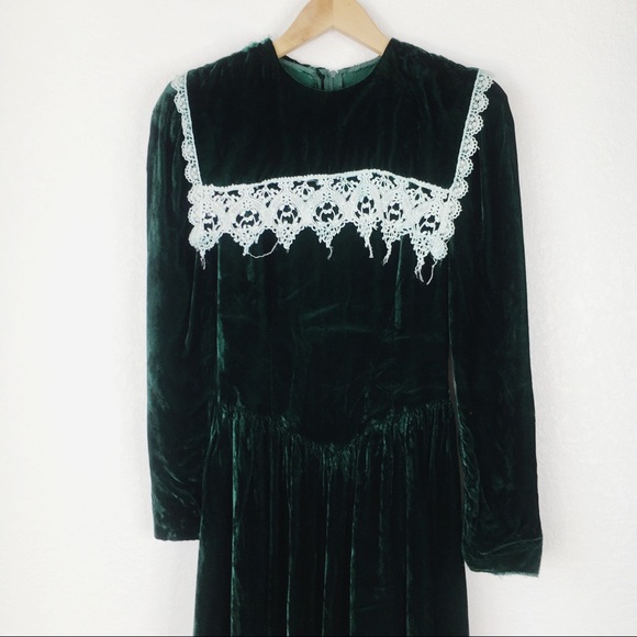 Robe De Noël Jessica McClintock Gunne Sax - Velours Vert Et Noir, Taille 12, Vintage Très Bon état